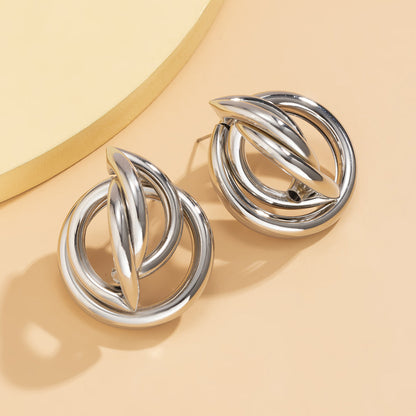 Silver-Plated Interlocking Rings Stud Earrings, silver stud earrings for women, everyday style, front view