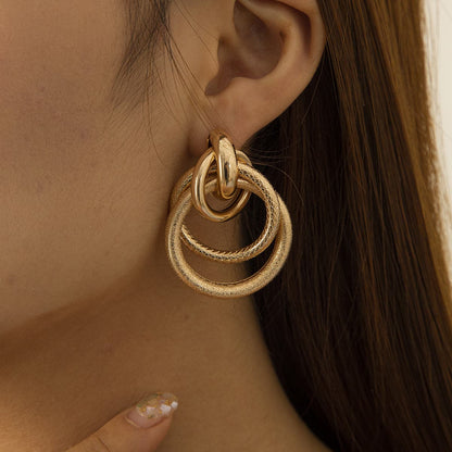 18K Gold-Plated Layered Circle Drop Earrings, gold drop earrings for women, everyday style, front view