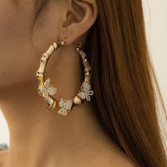 Cubic Zirconia and 18K Gold-Plated Butterfly Bamboo Hoop Earrings, elegant gift for her, front view