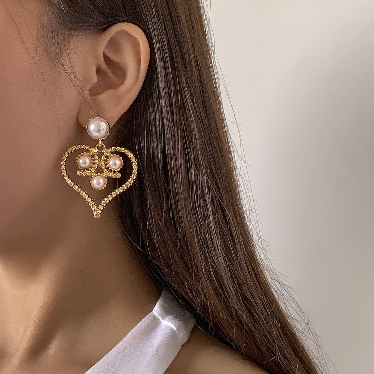 Pearl and 18K Gold-Plated Openwork Twist Heart Drop Earrings, gold drop earrings for women, everyday style, front view