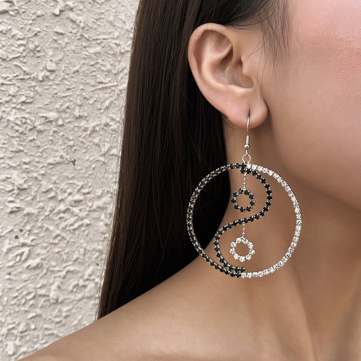 Cubic Zirconia and Silver-Plated Open Yin Yang Drop Earrings, silver drop earrings for women, botanical inspired, front view