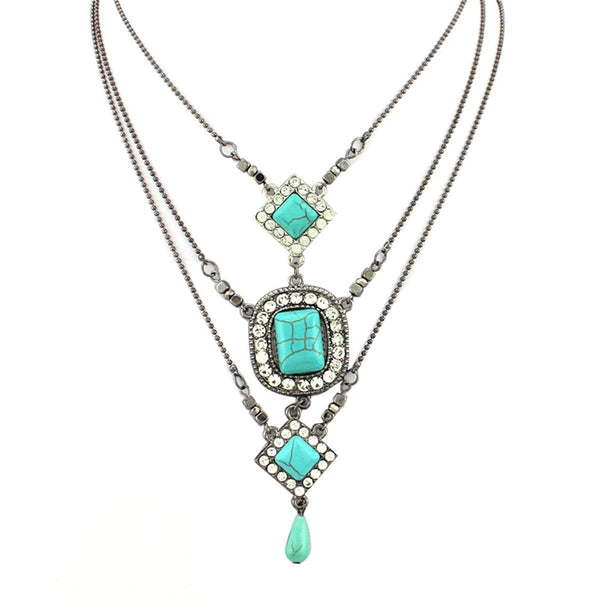 Reconstituted Turquoise & Cubic Zirconia Layered Pendant Necklace