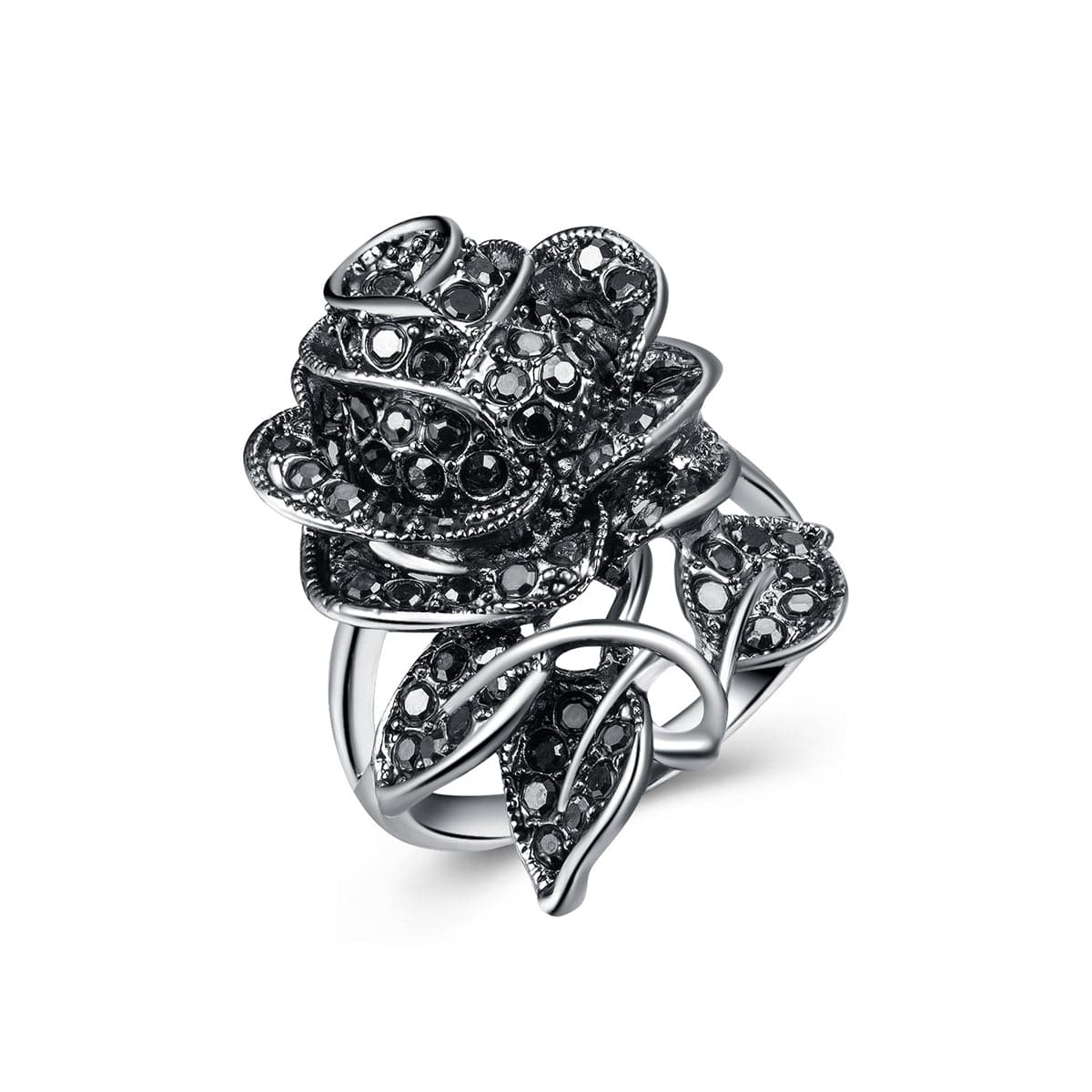 Black Cubic Zirconia & Silver-Plated Rose Ring