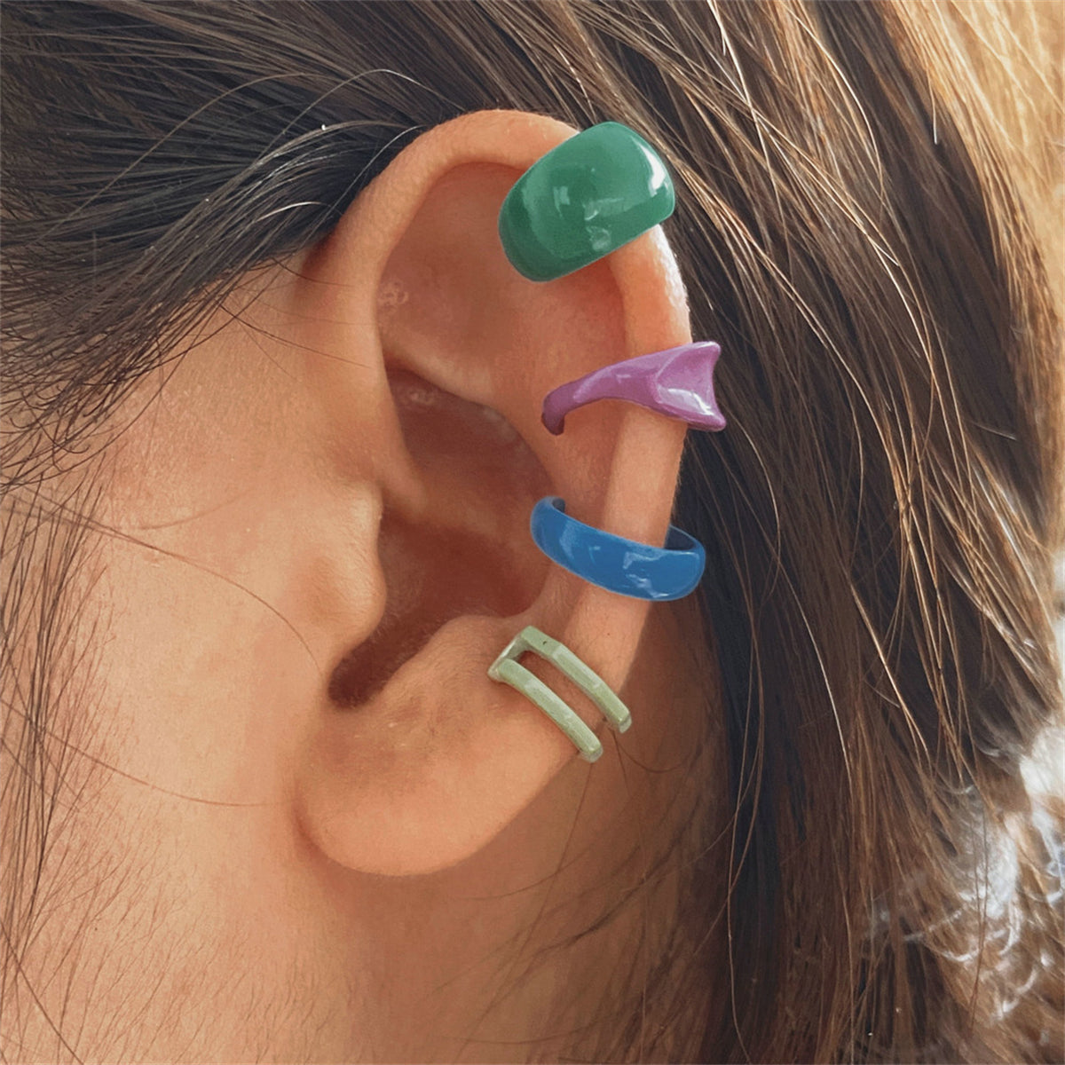 Blue Ear Cuff Set, stud earrings for women, everyday style, detail close-up