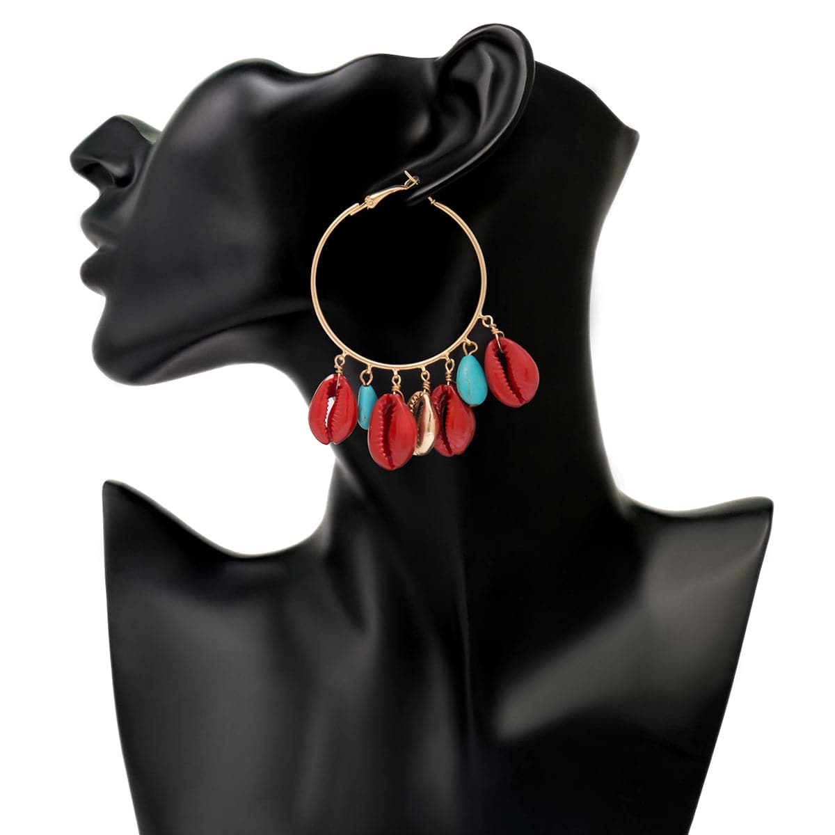 Turquoise and Red Shell Charm Hoop Earrings, drop earrings for women, vintage-inspired design, lifestyle look