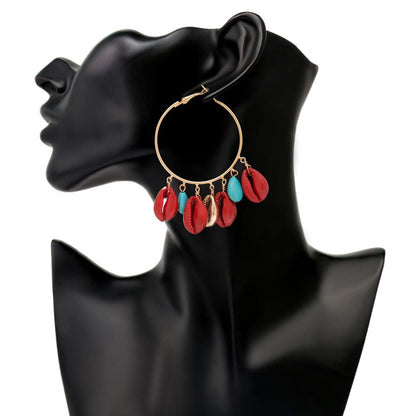 Turquoise and Red Shell Charm Hoop Earrings, drop earrings for women, vintage-inspired design, lifestyle look