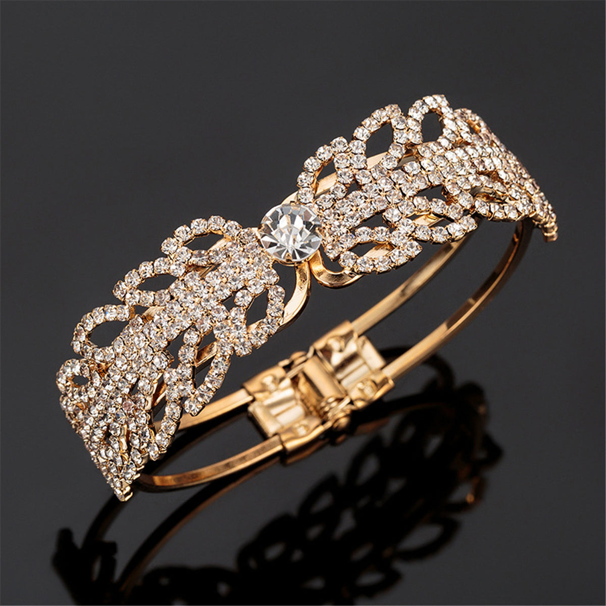 Cubic Zirconia and 18K Gold-Plated Open Butterfly Bangle, gold bangle bracelet, vintage-inspired design, side view