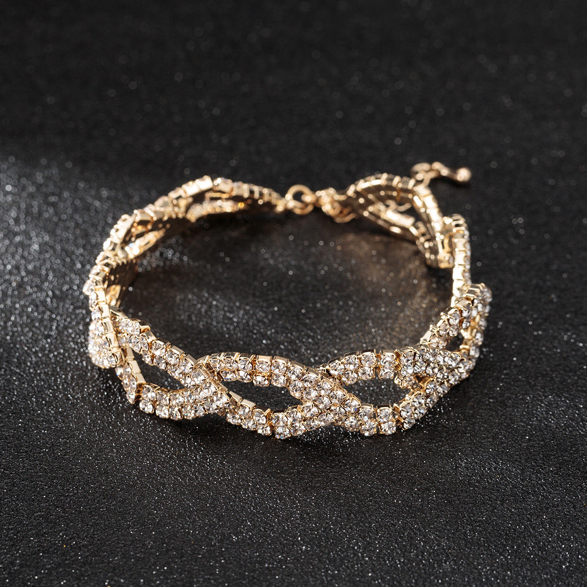 Cubic Zirconia and 18K Gold-Plated Crossing Line Bracelet, gold bracelet for women, botanical inspired, side view