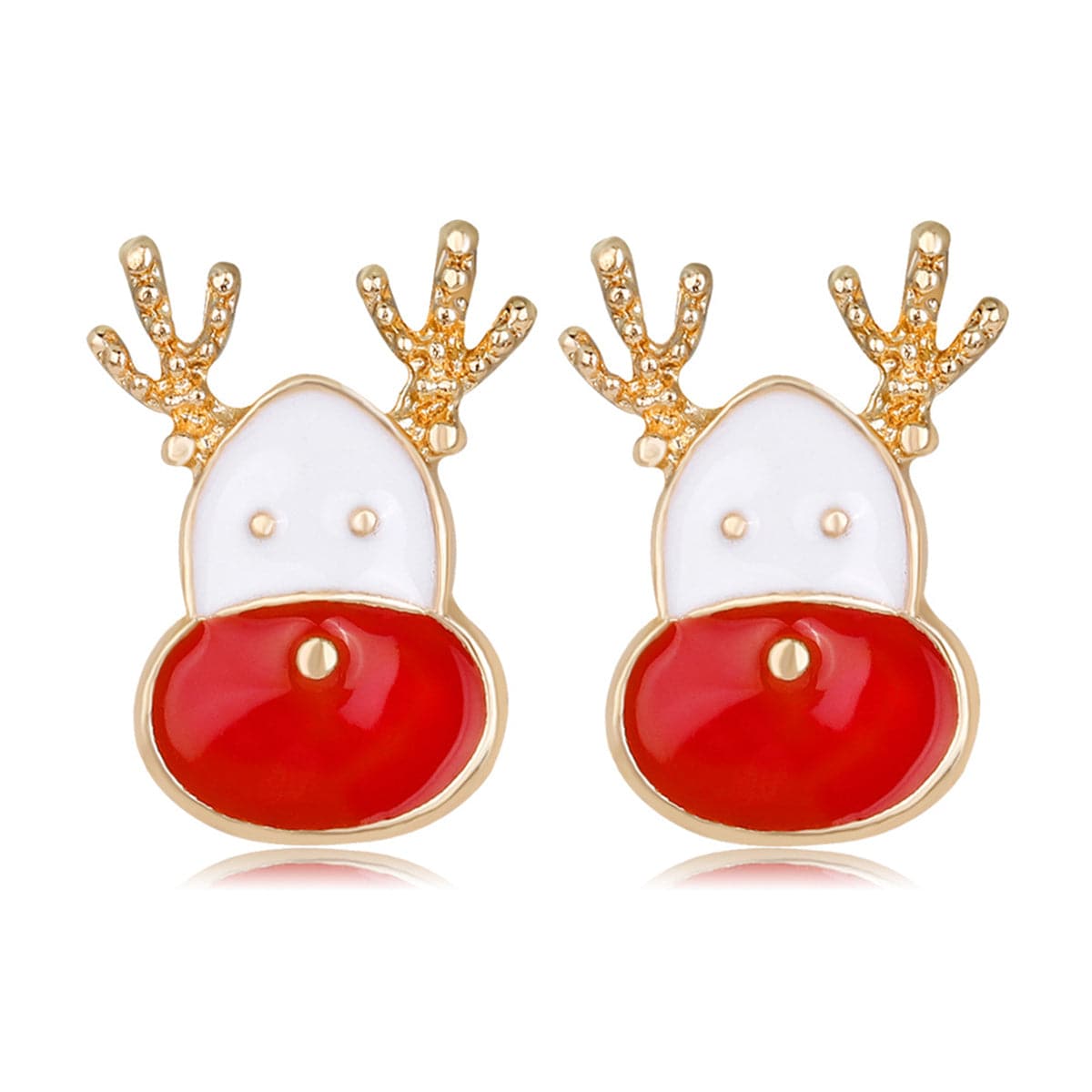 Red Enamel and 18K Gold-Plated Reindeer Face Stud Earrings, gold stud earrings for women, everyday style, front view