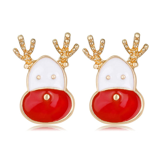 Red Enamel and 18K Gold-Plated Reindeer Face Stud Earrings, gold stud earrings for women, everyday style, front view
