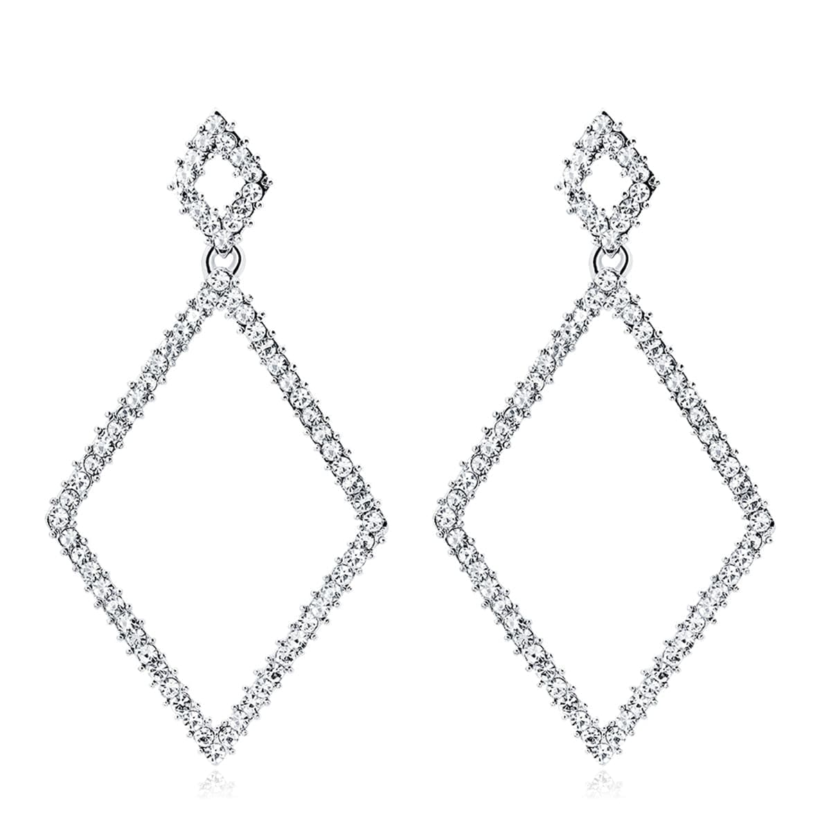 Cubic Zirconia & Silver-Plated Rhombus Open Drop Earrings