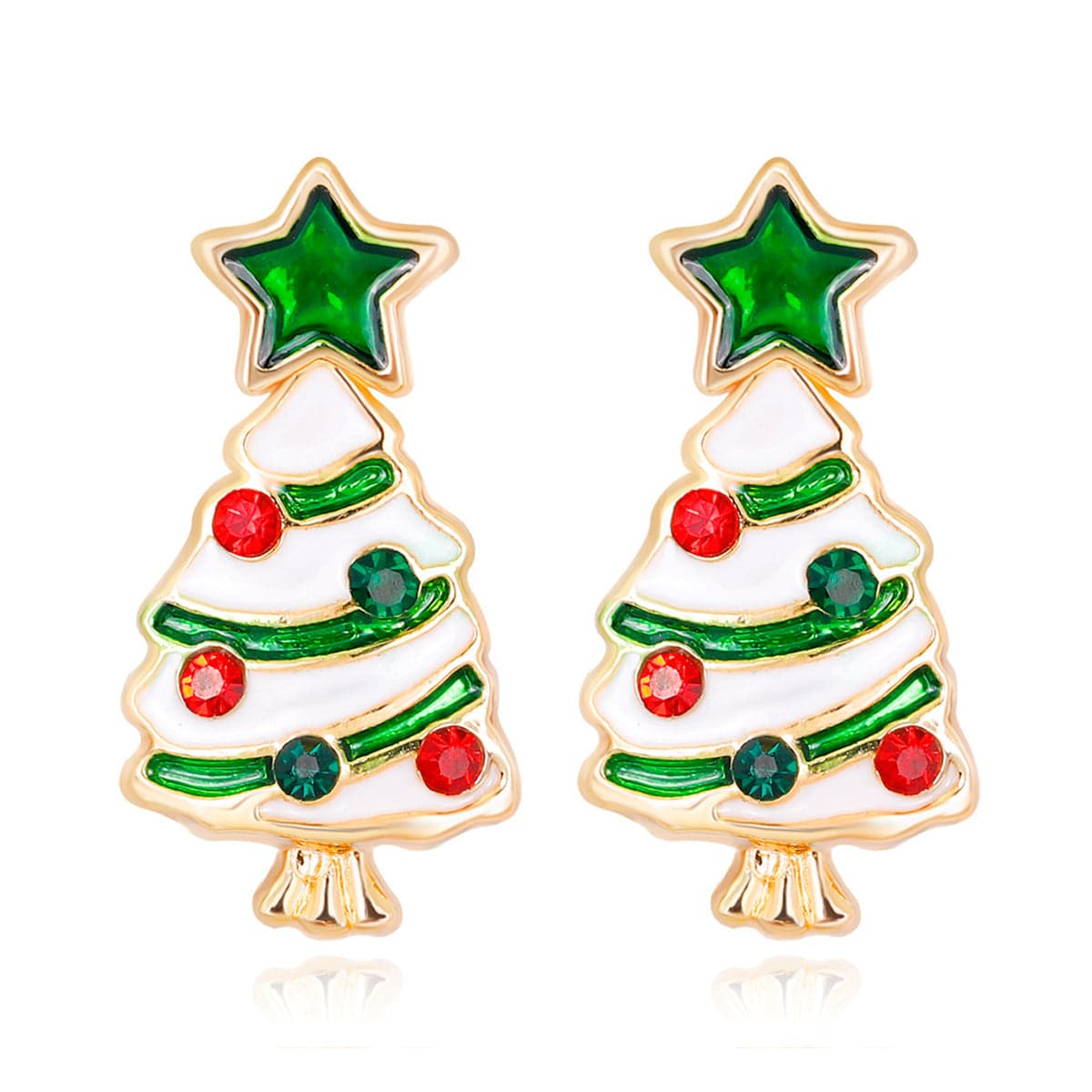 Cubic Zirconia & Enamel 18K Gold-Plated Star Christmas Tree Stud Earrings