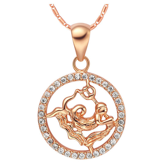 Cubic Zirconia and 18K Rose Gold-Plated Aquarius Pendant Necklace, rose gold pendant necklace for women, front view