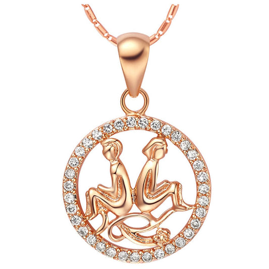 Cubic Zirconia and 18K Rose Gold-Plated Gemini Pendant Necklace, rose gold pendant necklace for women, front view