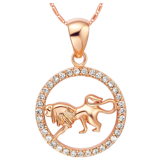 Cubic Zirconia and 18K Rose Gold-Plated Leo Pendant Necklace, rose gold pendant necklace for women, front view