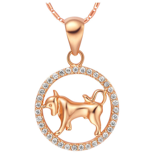 Cubic Zirconia and 18K Rose Gold-Plated Taurus Pendant Necklace, rose gold pendant necklace for women, front view