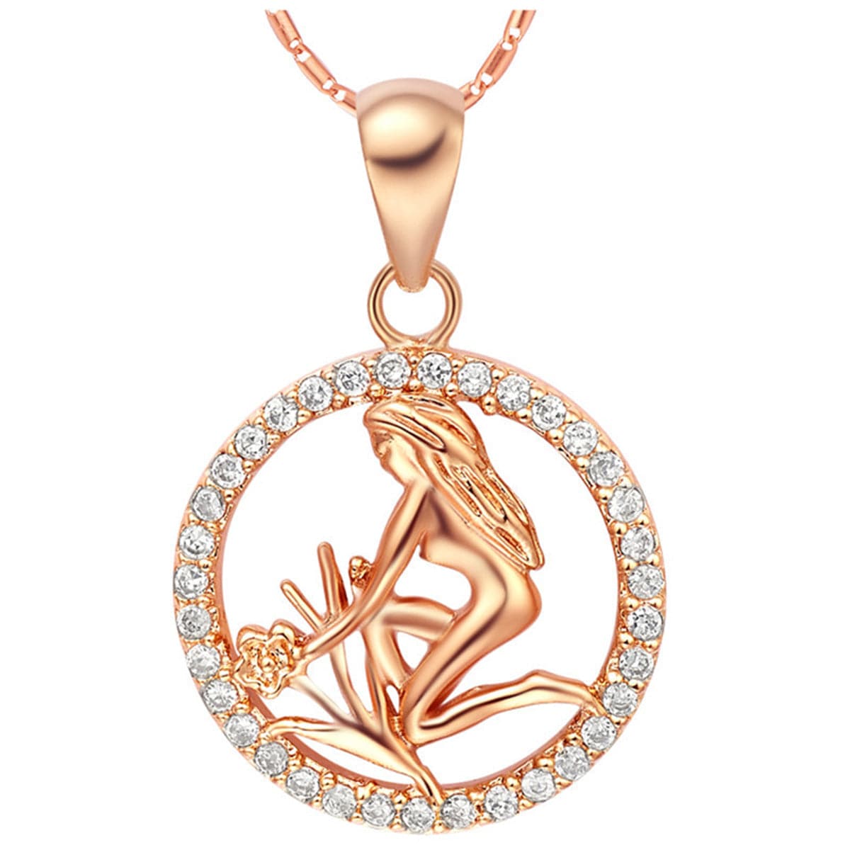 Cubic Zirconia and 18K Rose Gold-Plated Virgo Pendant Necklace, rose gold pendant necklace for women, front view
