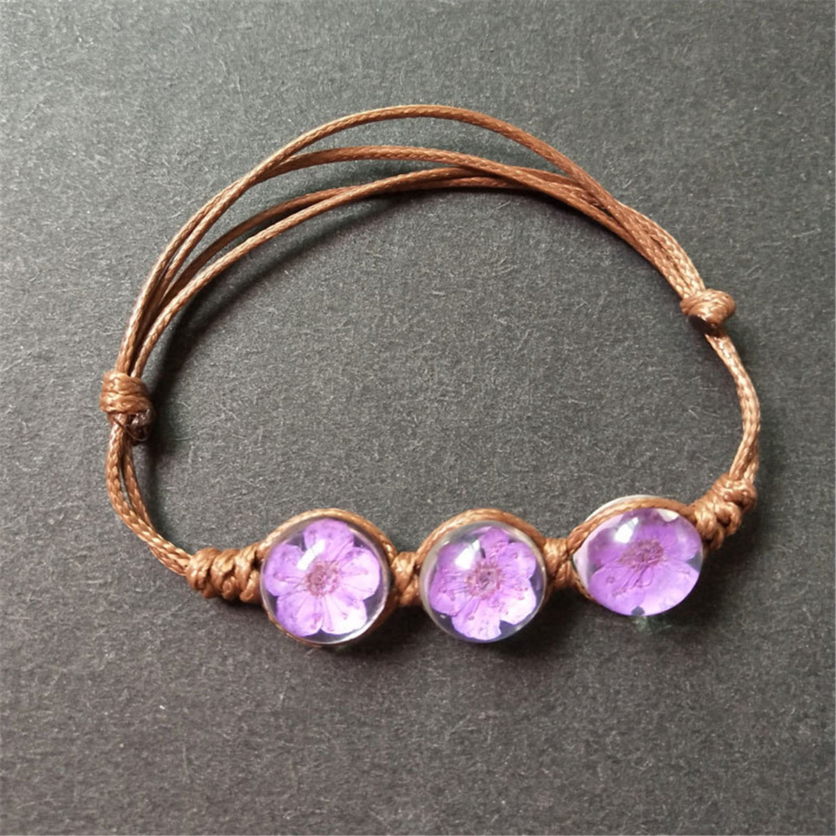 Triple Purple Peach Blossom Adjustable Charm Bracelet, bracelet for women, everyday style, front view