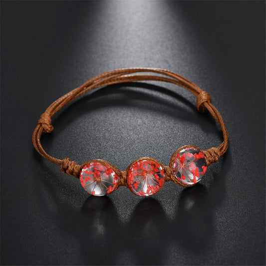Red Triple Gypsophila Adjustable Bracelet, bracelet for women, botanical inspired, front view