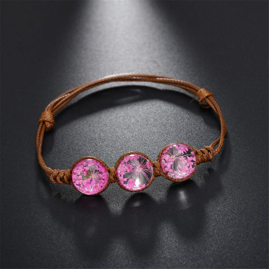 Pink Triple Gypsophila Adjustable Bracelet, bracelet for women, vintage-inspired design, front view