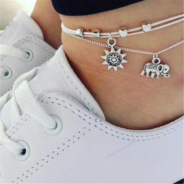Silvertone Sun Elephant Layered Anklet