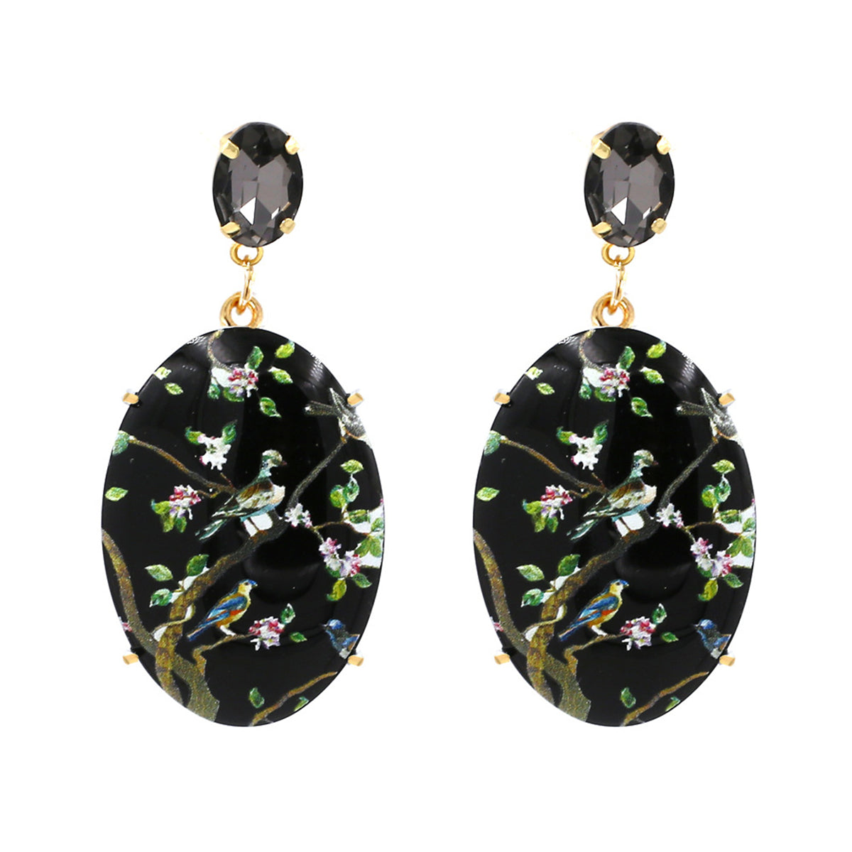 Black Crystal & 18K Gold-Plated Bird Branch Oval Drop Earrings
