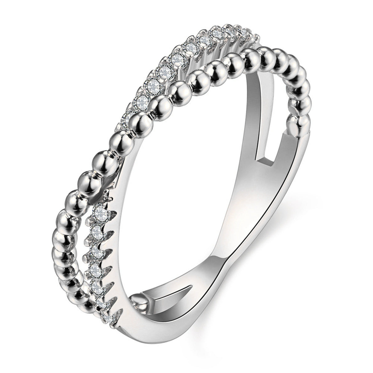 Cubic Zirconia and Silver-Plated Crossed Line Ring, silver statement rings for women, everyday style, front view