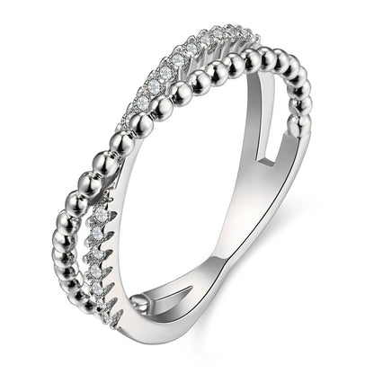 Cubic Zirconia and Silver-Plated Crossed Line Ring, silver statement rings for women, everyday style, front view