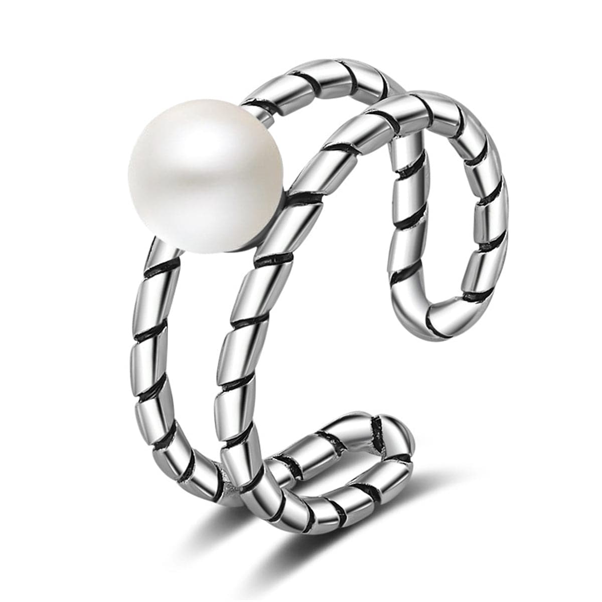 Pearl and Silver-Plated Openwork Ring, silver statement rings for women, botanical inspired, side view