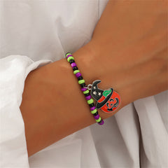 Orange Howlite & Silver-Plated Pumpkin Charm Stretch Bracelet