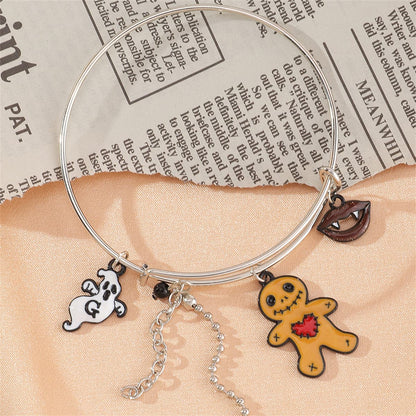 Brown and Silver-Plated Zombie Adjustable Charm Bangle, silver bangle bracelet, dainty minimalist design, side view