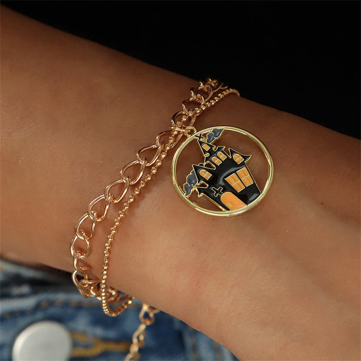 Black Enamel and 18K Gold-Plated Castle Layered Charm Bracelet, gold bracelet for women, everyday style, front view