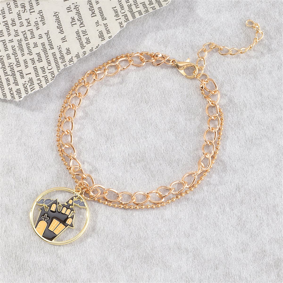 Black Enamel and 18K Gold-Plated Castle Layered Charm Bracelet, gold bracelet for women, everyday style, side view