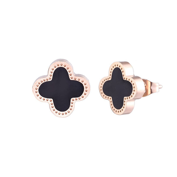 Black & 18k Rose Gold-Plated Clover Stud Earrings - streetregion