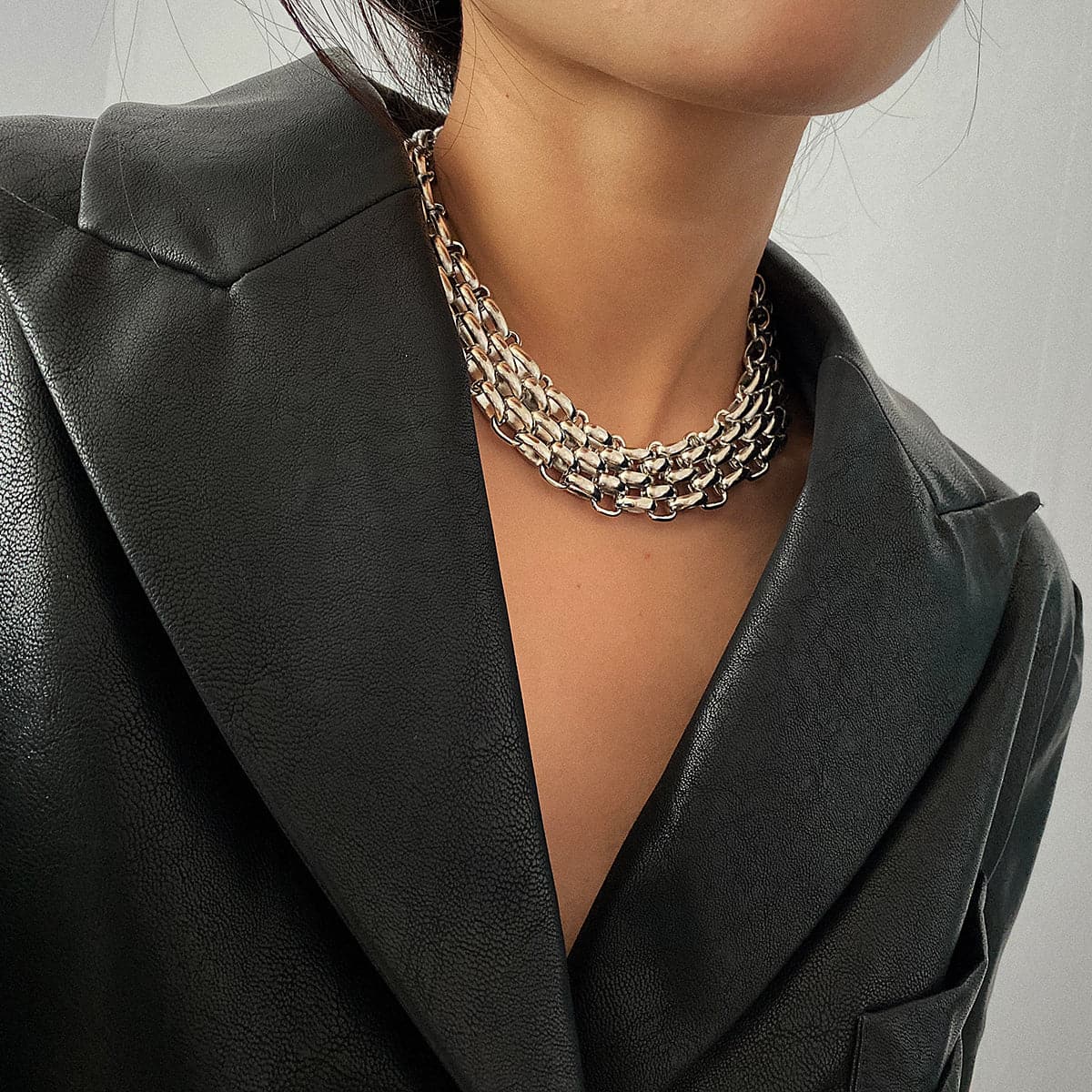 Silver-Plated Five-Row Chain Link Choker Necklace, silver pendant necklace for women, elegant gift for her, front view