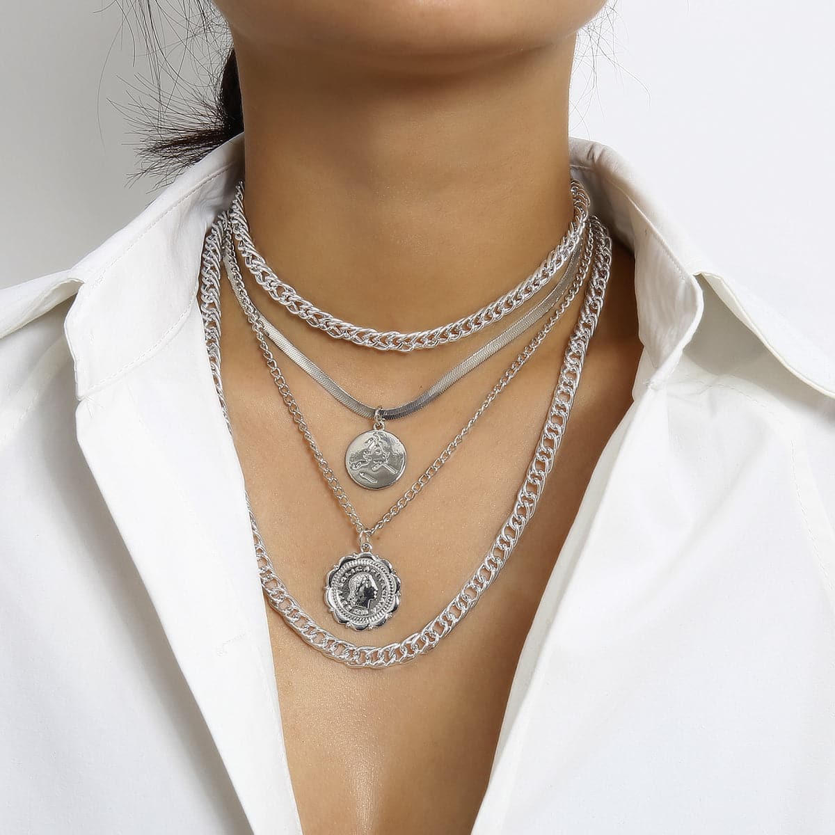 Silver-Plated Coin Layered Pendant Necklace Set, jewelry gift sets for women, elegant gift for her, detail close-up