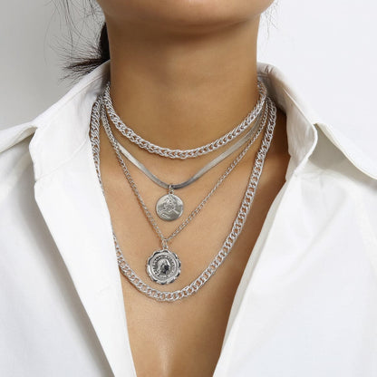 Silver-Plated Coin Layered Pendant Necklace Set, jewelry gift sets for women, elegant gift for her, detail close-up