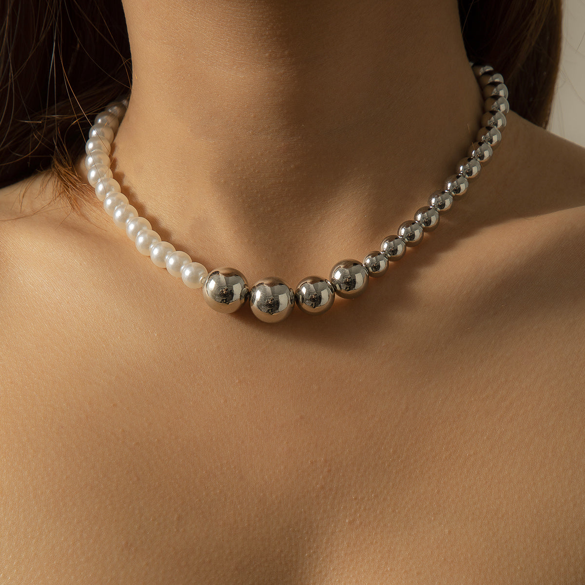 Pearl & Silver-Plated Beaded Choker Necklace