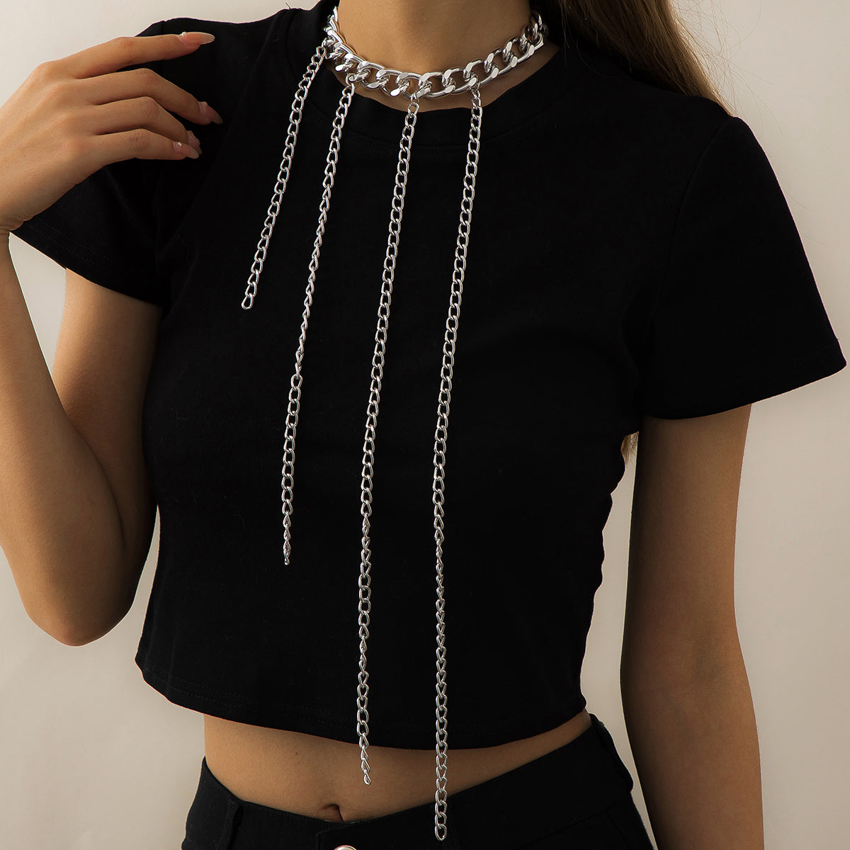 Silver-Plated Curb Chain Waterfall Tassel Choker Necklace, silver pendant necklace for women, botanical inspired, side view