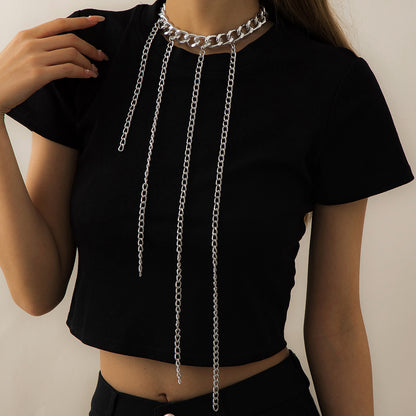Silver-Plated Curb Chain Waterfall Tassel Choker Necklace, silver pendant necklace for women, botanical inspired, side view