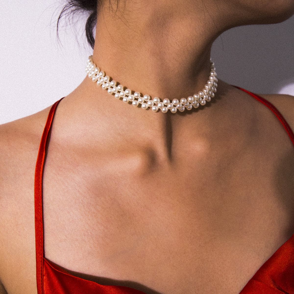 Pearl and Silver-Plated Layered Choker Necklace, chunky silver choker necklace, botanical inspired, front view