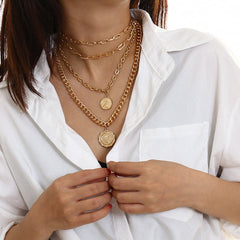 18K Gold-Plated Figaro-Chain Coin Layered Pendant Necklace