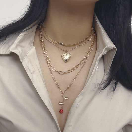 Red Enamel and 18K Gold-Plated Rose Heart Layered Pendant Necklace, gold pendant necklace for women, front view