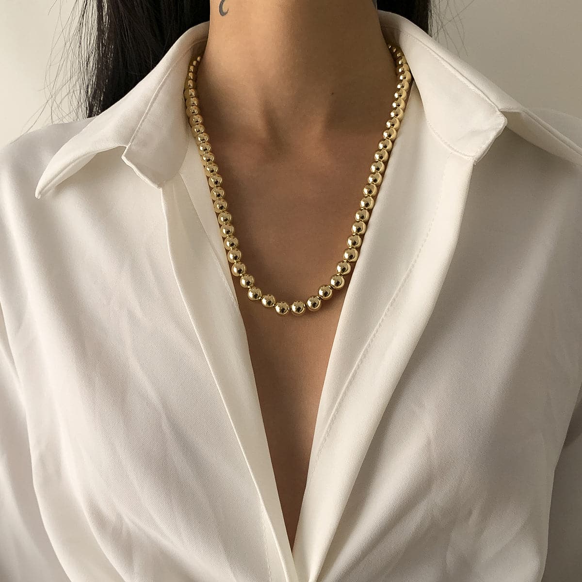 18K Gold-Plated Bead Chain Necklace, gold pendant necklace for women, elegant gift for her, side view