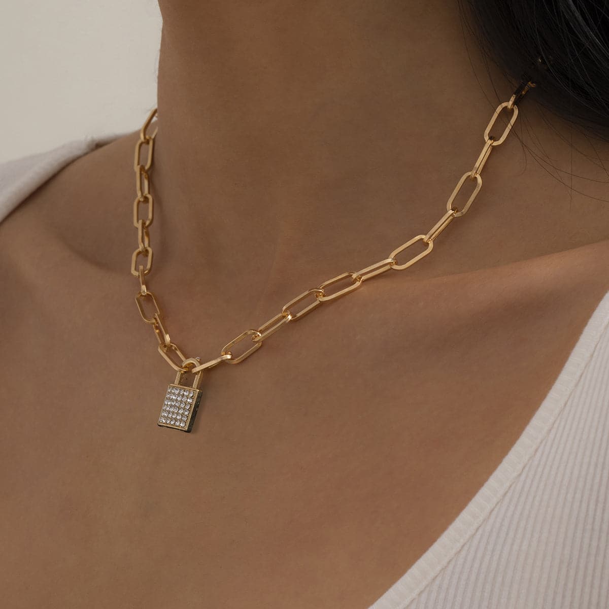 Cubic Zirconia and 18K Gold-Plated Cable Pavé Lock Pendant Necklace, gold pendant necklace for women, detail close-up