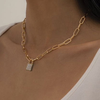 Cubic Zirconia and 18K Gold-Plated Cable Pavé Lock Pendant Necklace, gold pendant necklace for women, detail close-up