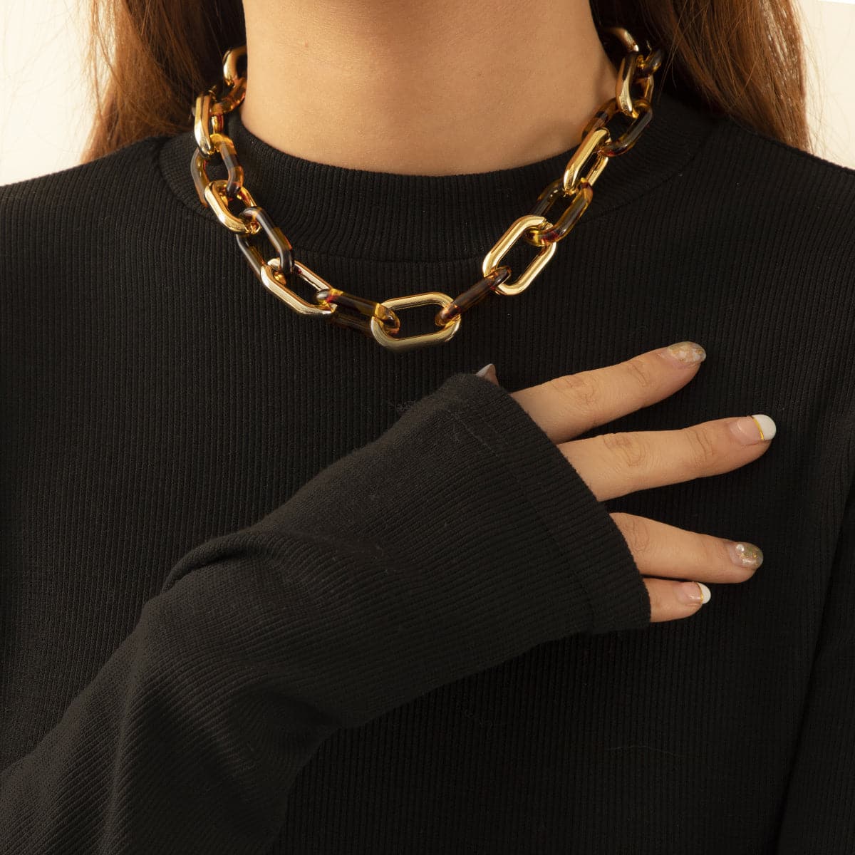 Tan Resin and 18K Gold-Plated  Leopard-Print Choker Necklace, gold pendant necklace for women, botanical inspired, front view