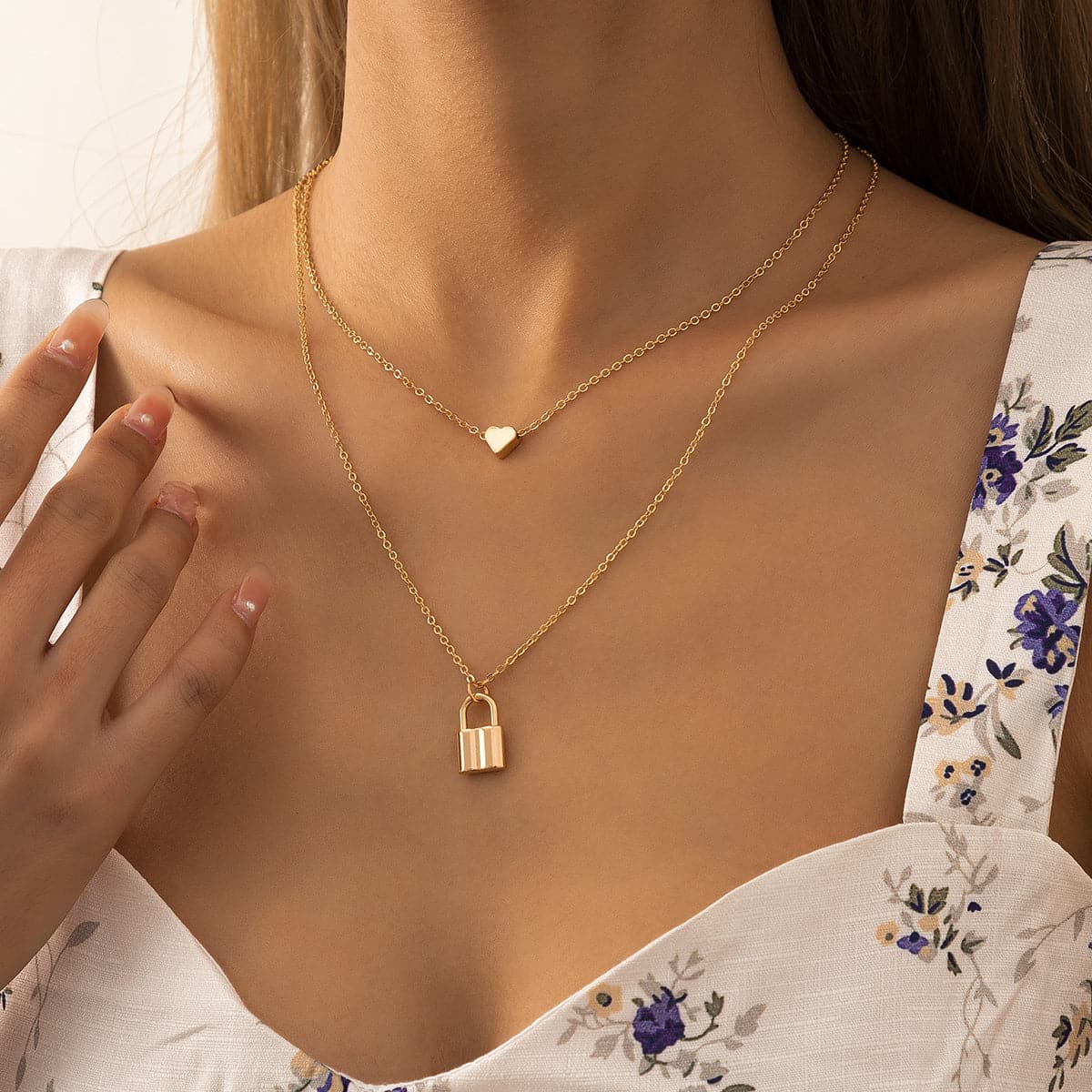 18K Gold-Plated Heart & Lock Layered Pendant Necklace
