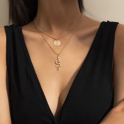 18K Gold-Plated Snake Circle Layered Pendant Necklace, gold pendant necklace for women, everyday style, side view