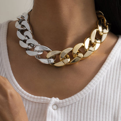Two-Tone Curb Chain Choker Necklace, chunky choker necklace, botanical inspired, detail close-up